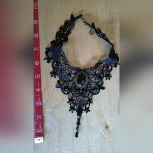 Victorian Black Lace Necklace with Faceted Gem Accent